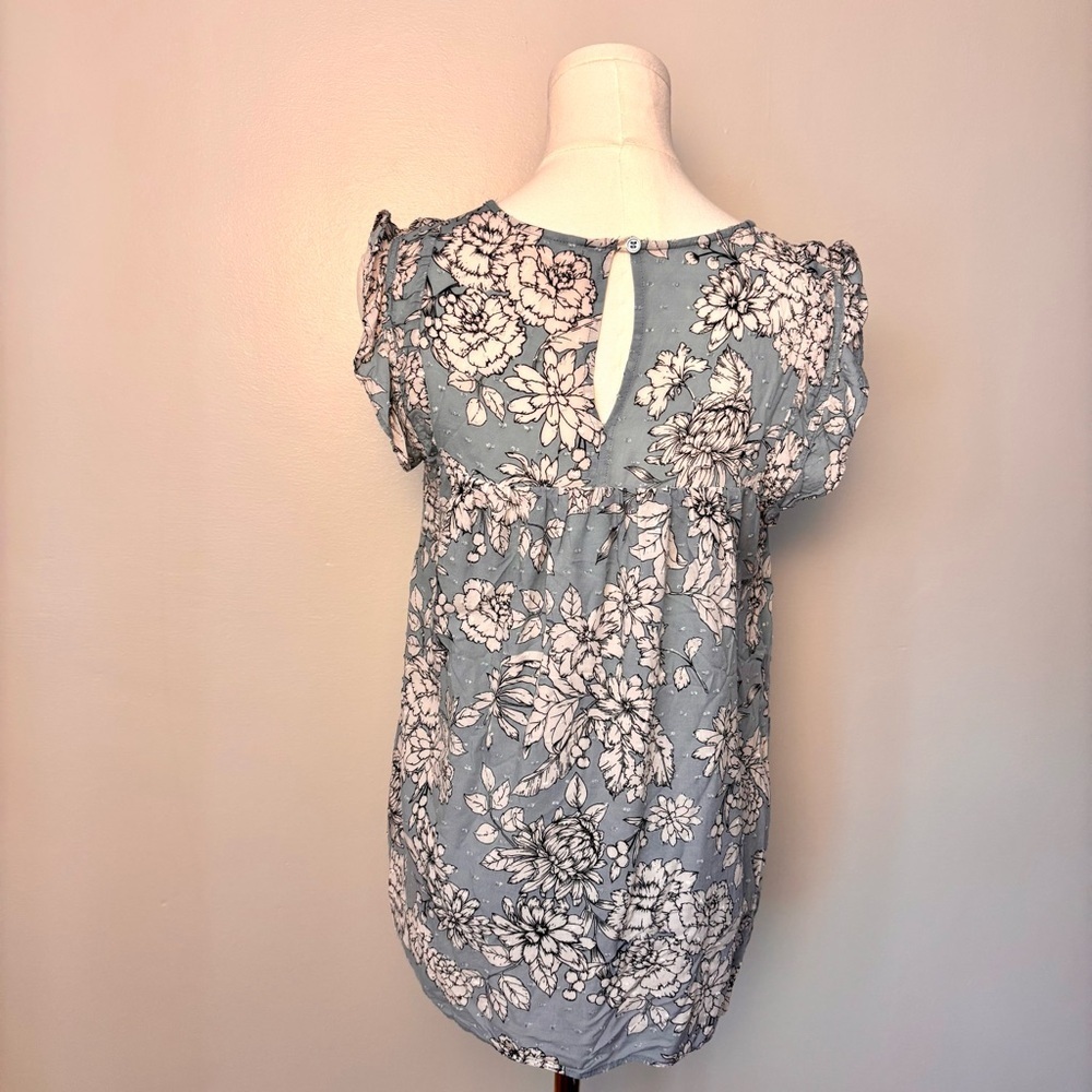 Pleione Floral Blue Cap Ruffle Sleeve Women's Top - Picture 6 of 14